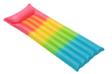 Inflatable rainbow mattress floating on transparent background for summer relaxation