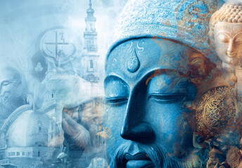 Collage of multinational religions showing Christianity, Islam, Buddhism and Hinduism. Concept of peaceful coexistence and religious tolerance