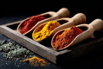 Colorful Spices in Wooden Scoops on Rack on pure black background