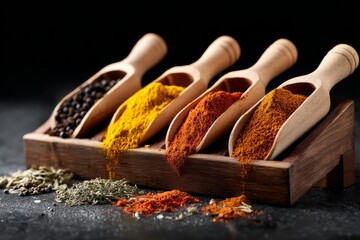 Colorful Spices in Wooden Scoops on Rack on pure black background