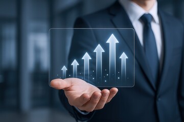 Businessman presenting positive growth chart with upward trending arrows on a transparent display