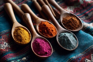Colorful Spices in Wooden Scoops on Rack on pure black background