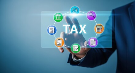 Naklejka premium Tax Preparation Concept: Person Touching Interface with Tax Icons Displayed for Filing Compliance and Planning