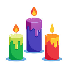 Set of Three Colorful Glowing Candles with Wax Drips on White Background