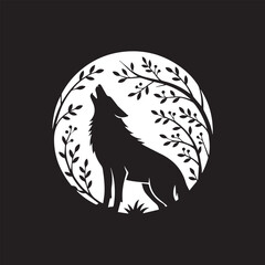 forest scene wolf howling at moon with branches leaves black white silhouette style wildlife vector graphic