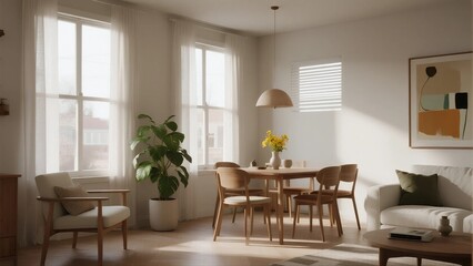 Fototapeta premium Bright Modern Living Room with Wooden Furniture and Green Plant