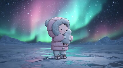 Chibi animation of a girl in warm clothes at the poles enjoying the aurora