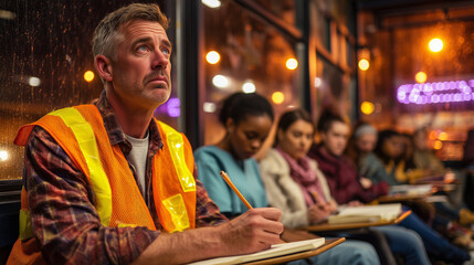 Fototapeta premium Middle-aged man in safety vest studying at night school.