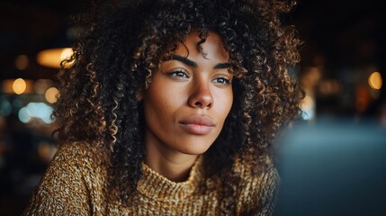 A young woman with curly hair looks away with a pensive expression in a cozy setting.