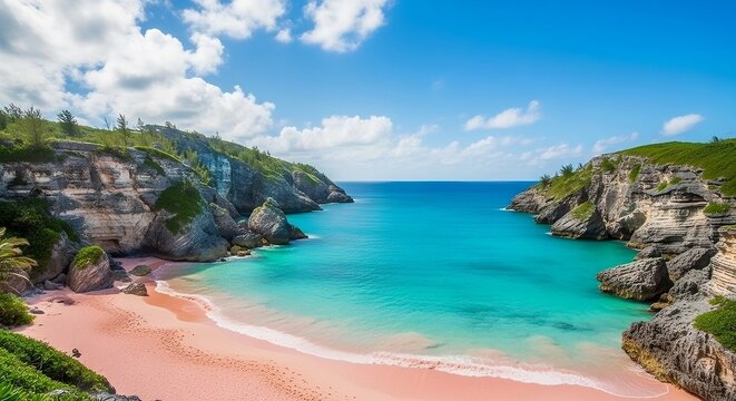 Beautiful pink sand beach with turquoise water and rocky cliffs in bermuda