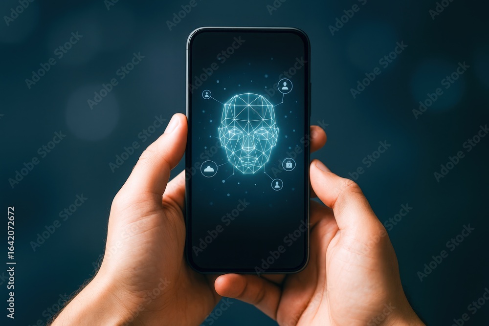 Aufkleber facial recognition technology interface on smartphone display: biometrics, security, and modern auth