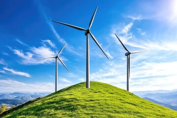 Wind Turbines on Hill with Blue Sky