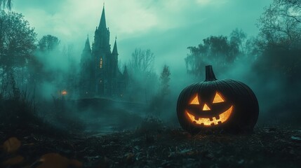 Naklejka premium Glowing Jack-o'-lantern with Spooky Castle in Foggy Halloween Night