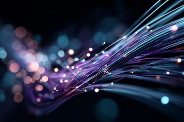 Visualization of high-speed data transfer over fiber optic cables glowing light streams, digital particles flowing through transparent cables,
