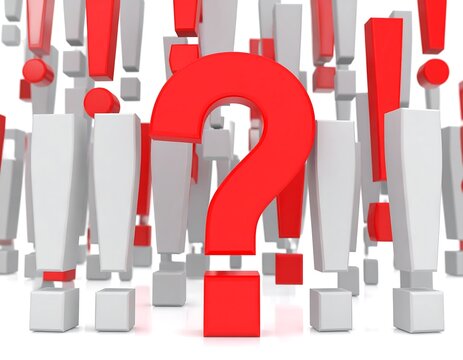 A red question mark surrounded by exclamation points - Powered by Adobe