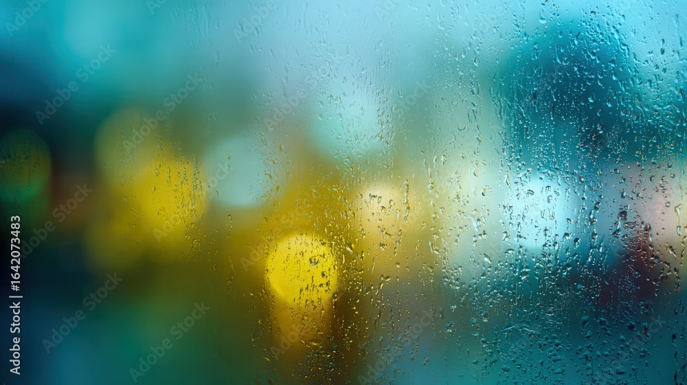 Poster abstract image of raindrops on glass with bokeh background, perfect for texture overlays and artisti