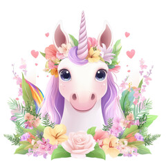 A beautiful unicorn with a flower crown, surrounded by a floral arrangement.