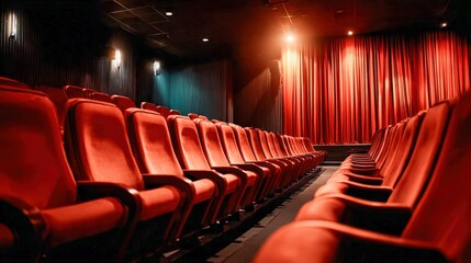 Empty Theater Auditorium with Red Seats and Stage Curtains, Dramatic Lighting for Performance or Cinema