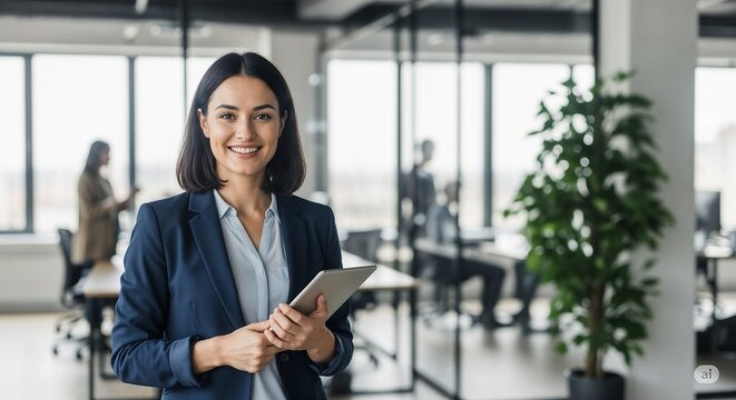 Confident professional in a blue blazer holding a tablet in a bright, modern office with glass partitions, natural light, and active coworkers in the background—ideal for themes of leadership.