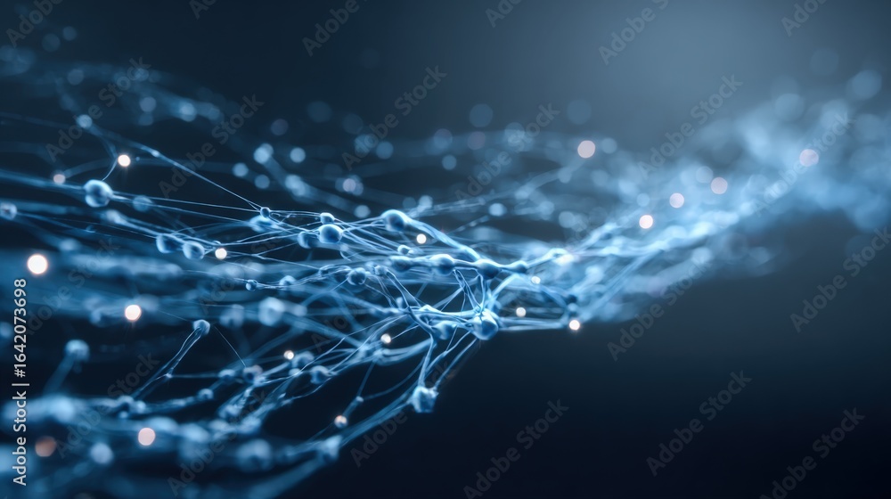 Poster abstract connected network visualization with glowing nodes, data streams, and complex interconnecti