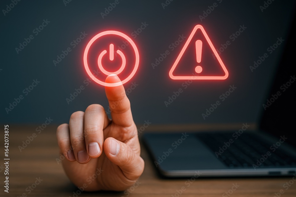 Poster warning notification and power button activation on laptop screen, displaying technology and user in