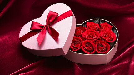 Heart-shaped box with red roses on a burgundy satin background