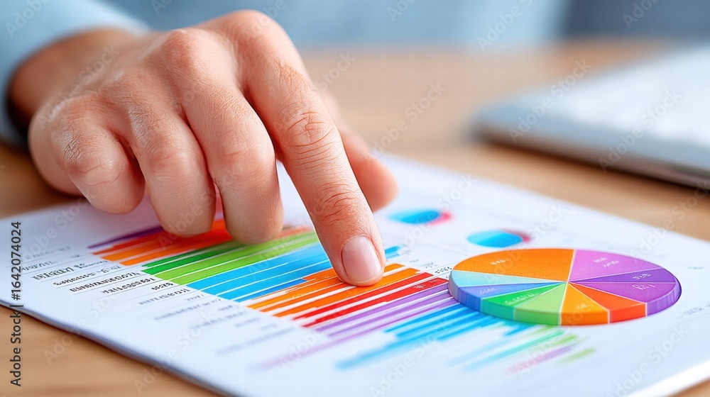 Poster a hand points at a financial chart, indicating data analysis and performance metrics.
