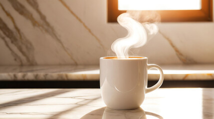 Steaming white mug of coffee on a marble table in sunlight by a window