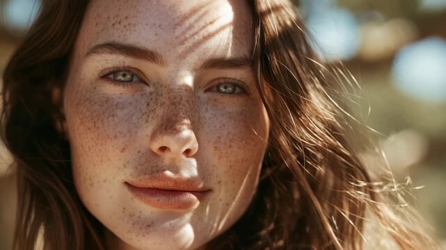 Close-up of a young woman with freckled skin, light eyes, and brown hair. Soft, natural lighting filters through foliage, casting shadows across her face. She gazes gently at the viewer.