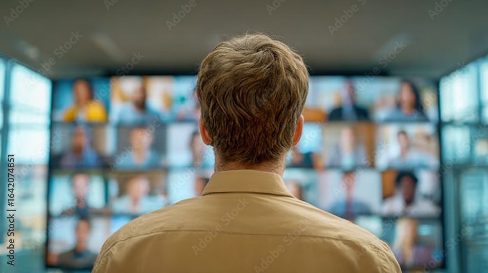 Poster man attending a virtual meeting with multiple participants displayed on a large screen in a conferen