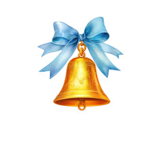 Golden bell with a blue ribbon bow, ideal for festive designs.