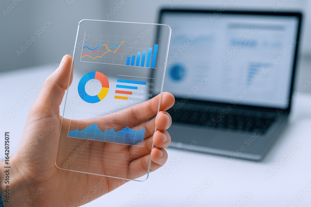Poster Hand Holding Transparent Device Displaying Business Data Charts and Graphs with Laptop in Background