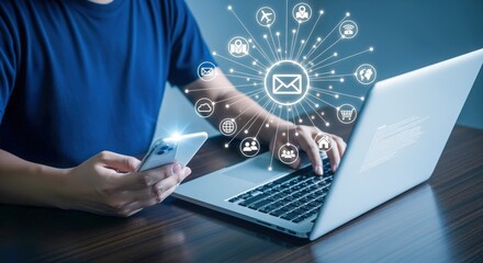 Modern Businessman Managing Online Communication and Digital Workflow on Laptop and Mobile Phone