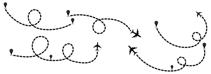 Travel Route Icon with Airplane and Location Pin. Airplane Plane routes line set. Planes dotted flight pathway. Airplane flight route with start and end point. eps 10