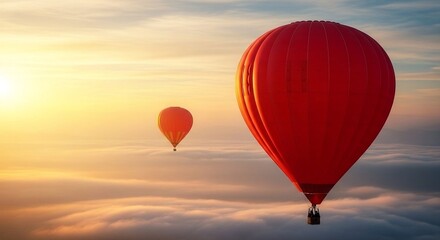 Fototapeta premium Two red hot air balloons flying over the clouds at sunset or sunrise