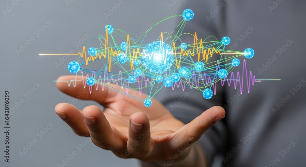 Poster abstract data network connection with glowing nodes and lines held in hand conceptually