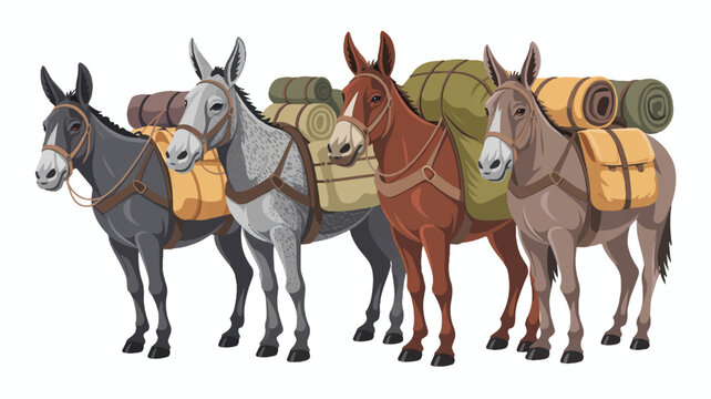 Team of Pack Donkeys Carrying Supplies Isolated on White Background Ready for Adventure and Exploration in the Wilderness Cartoon Illustration