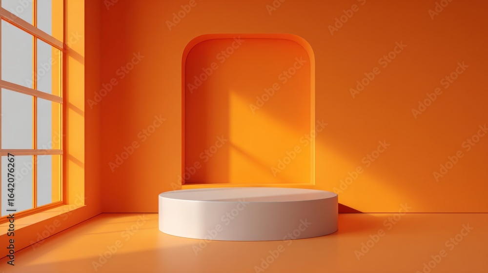 Poster a spacious room features vibrant orange walls and a round white pedestal in the center. sunlight str