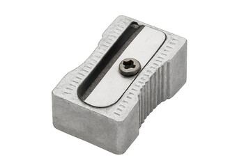Small metal pencil sharpener on transparent background