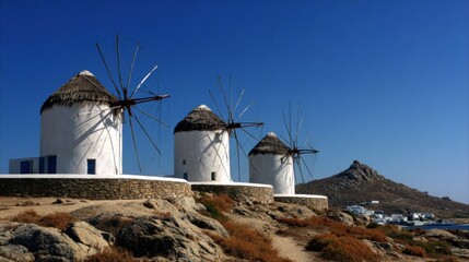 These iconic windmills in Mykonos stand against a backdrop of a deep blue sky, showcasing the islands traditional architecture. The structures are surrounded by rocky terrain and greenery.