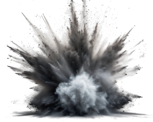 Dynamic explosion of white and gray smoke and dust particles isolated on transparent background