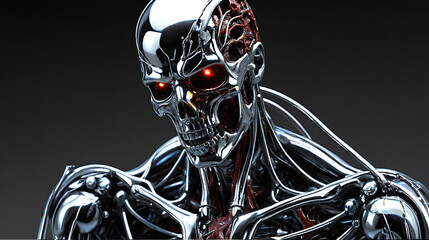 Chrome cyborg skull with glowing red eyes and exposed internal components on a dark background