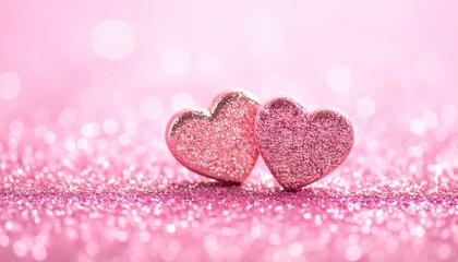 Two pink, glittery heart ornaments stand close together on a sparkly pink surface.