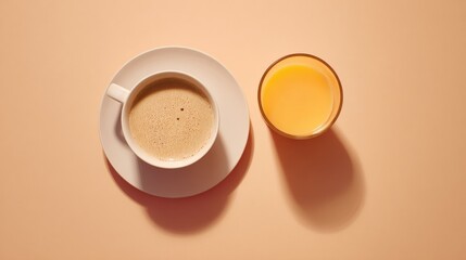 White coffee cup and orange juice glass on orange background create warm contrast with vibrant, energizing harmony.