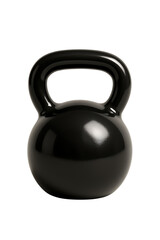 A sleek black cast iron kettlebell with a smooth handle and rounded base isolated on transparent background