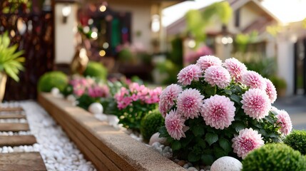 Fototapeta premium A vibrant garden scene featuring lush, pink dahlias and ornamental plants, perfect for home and garden magazines, brochures, or websites promoting landscaping and floral decor,