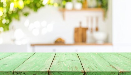A light green wooden tabletop is in focus against a blurred background of a bright kitchen with greenery.
