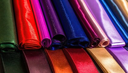 Rolls of brightly colored satin ribbons are stacked and displayed, showcasing a variety of hues.