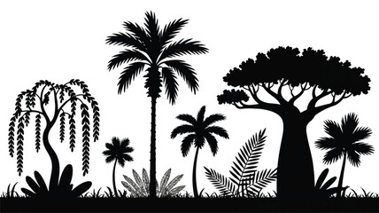 Tropical Silhouette Paradise with Palm Trees and Lush Vegetation Exotic Black and White Landscape Design Element