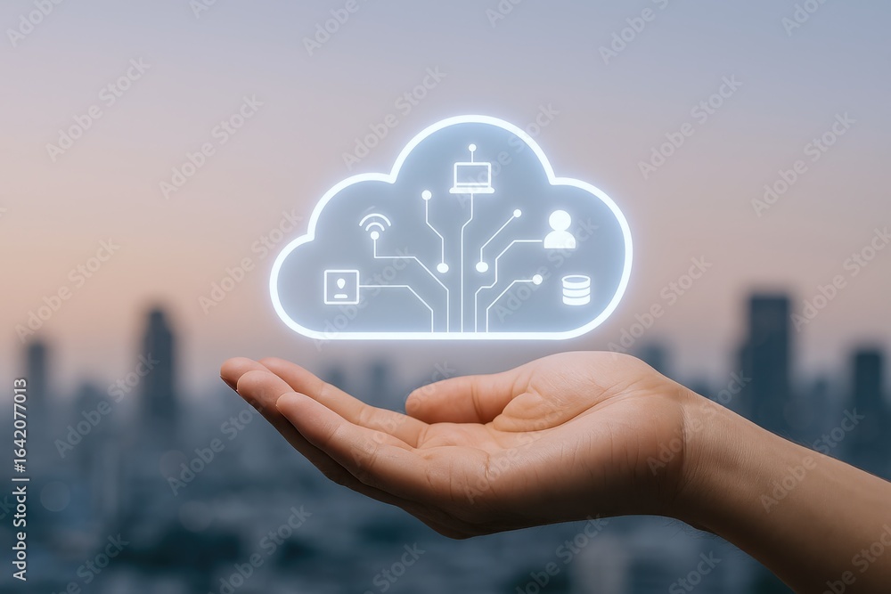 Poster cloud computing and data storage: a hand holding digital cloud icon with cityscape